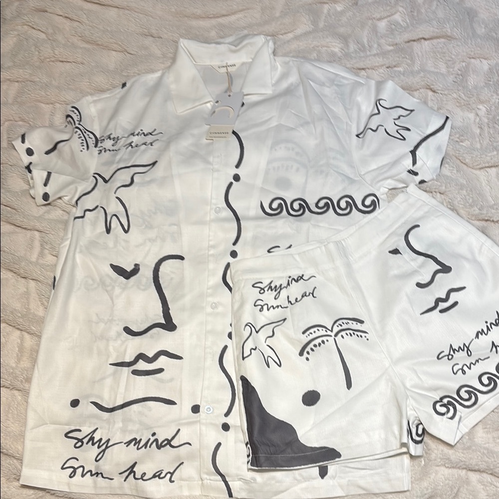 Commense Black & White Casual Button Down Beach Set